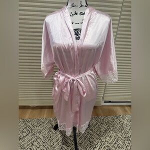 Pink Satin Robe with Lace Trim